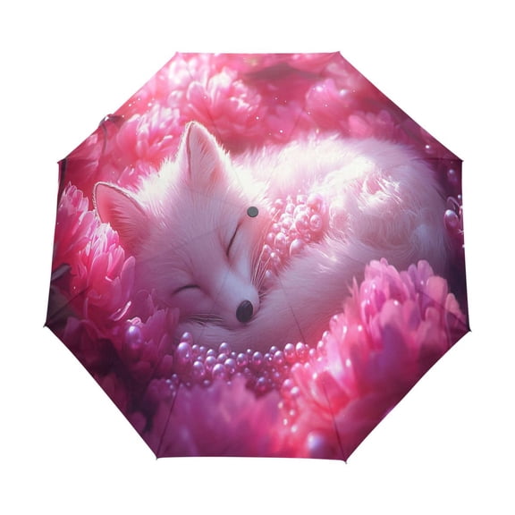 YAZAOO One-Touch Auto Open Close Rain Umbrella With Creative Sleeping Fox Pink Flowers Pearls Pattern
