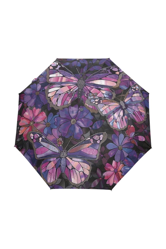 One-Touch Auto Open Close Rain Umbrella With Creative Stained Glass Flutter Pattern