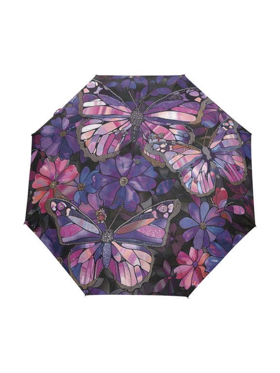 One-Touch Auto Open Close Rain Umbrella With Creative Stained Glass Flutter Pattern