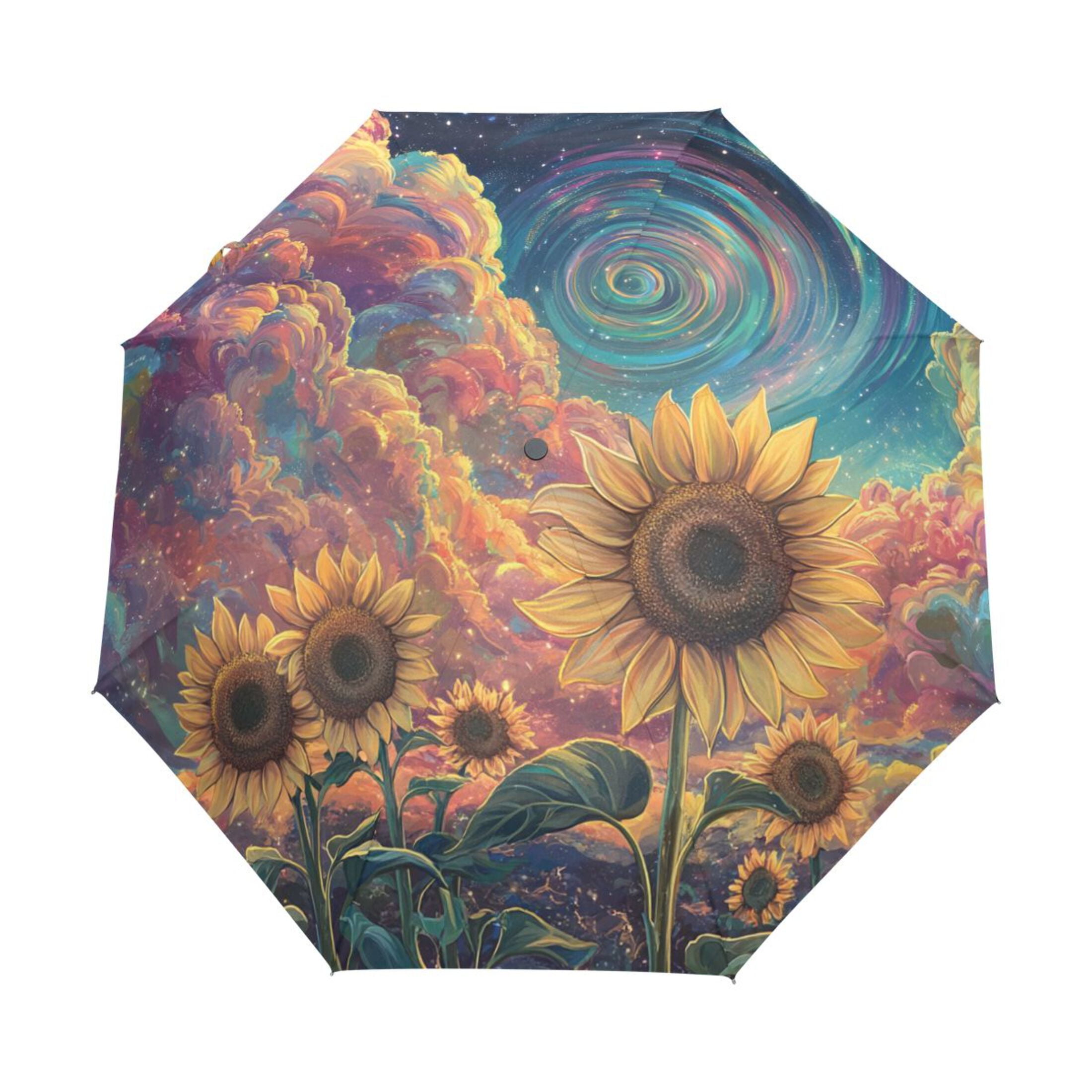 YAZAOO One-Touch Auto Open Close Rain Umbrella With Creative Sunflowers under A Cosmic Sky Pattern