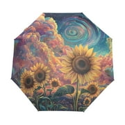 YAZAOO One-Touch Auto Open Close Rain Umbrella With Creative Sunflowers under A Cosmic Sky Pattern
