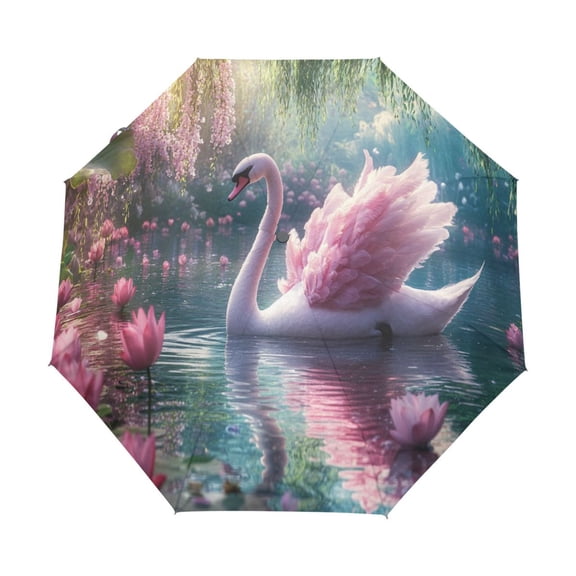 YAZAOO One-Touch Auto Open Close Rain Umbrella With Creative Swan Swimming Among Lotus Flowers Pattern