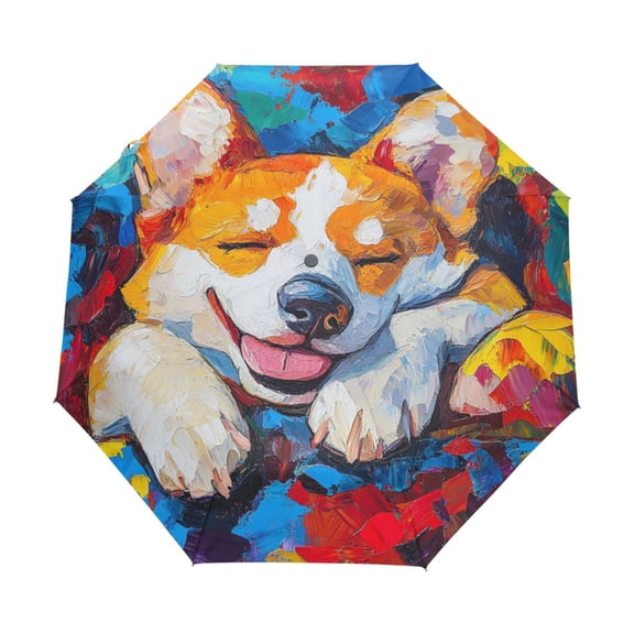 YAZAOO One-Touch Auto Open Close Rain Umbrella With Creative The Colorful Corgi Nap Pattern