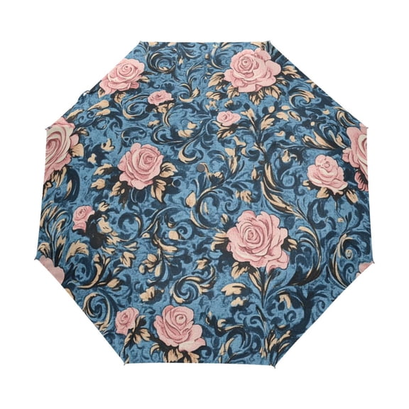 YAZAOO One-Touch Auto Open Close Rain Umbrella With Creative Timeless Roses on Azure Pattern