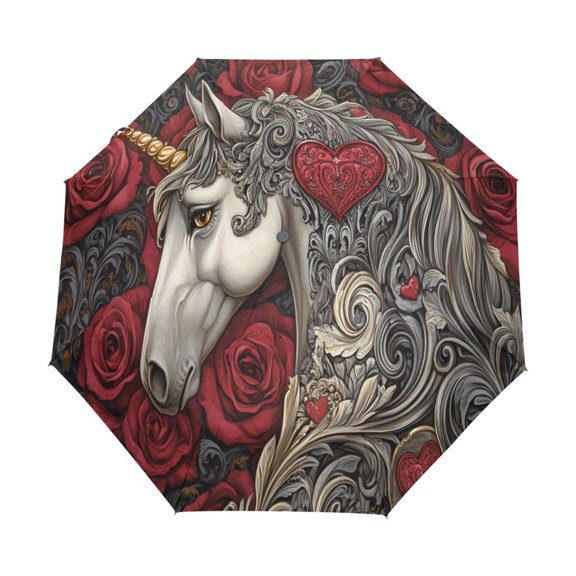 YAZAOO One-Touch Auto Open Close Rain Umbrella With Creative Unicorn Roses Hearts Pattern