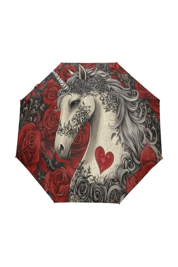 One-Touch Auto Open Close Rain Umbrella With Creative Unicorn Roses Pattern