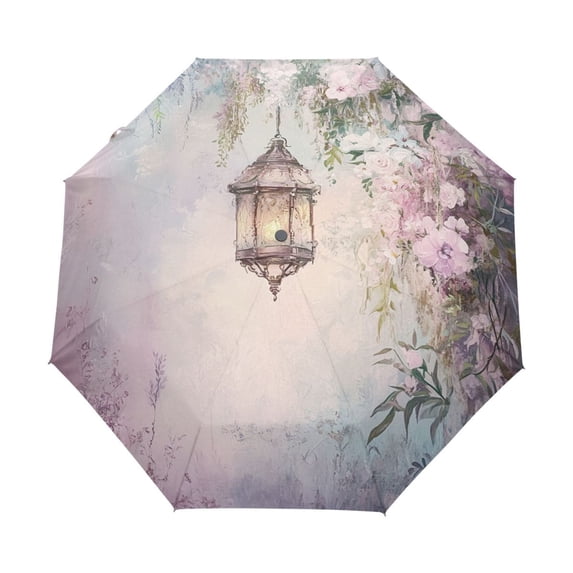 YAZAOO One-Touch Auto Open Close Rain Umbrella With Creative Vintage Lamp with Flowers Pattern