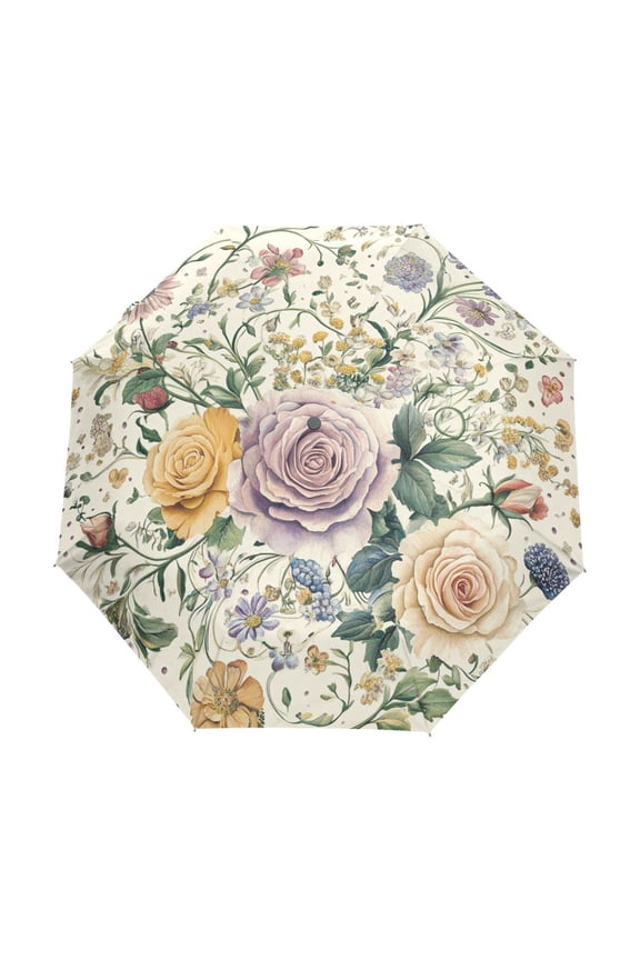 One-Touch Auto Open Close Rain Umbrella With Creative Whimsical Garden: Pastel Floral Design Pattern