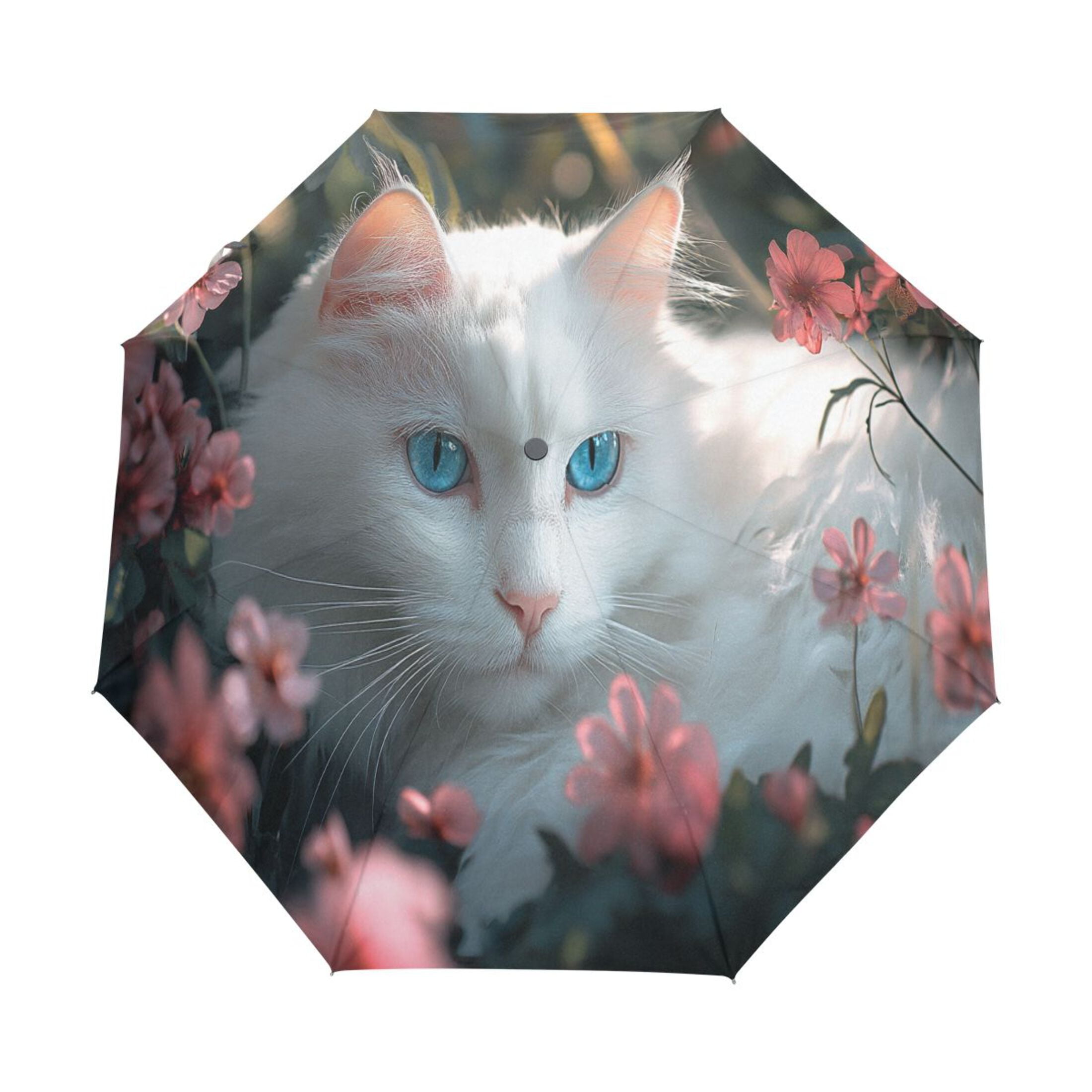 YAZAOO One-Touch Auto Open Close Rain Umbrella With Creative White Cat Pattern