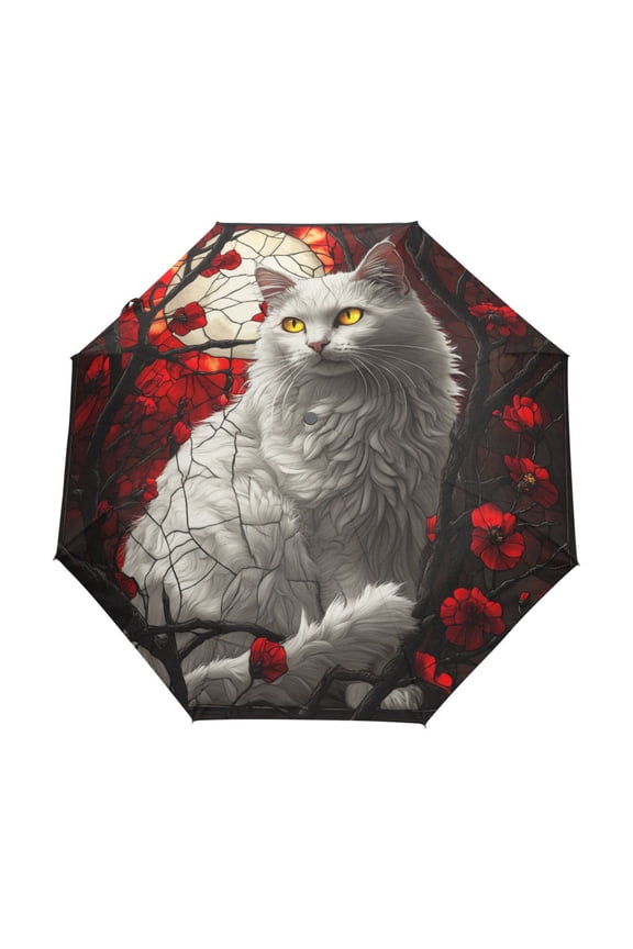 One-Touch Auto Open Close Rain Umbrella With Creative White Cat Red Flowers Moon Pattern