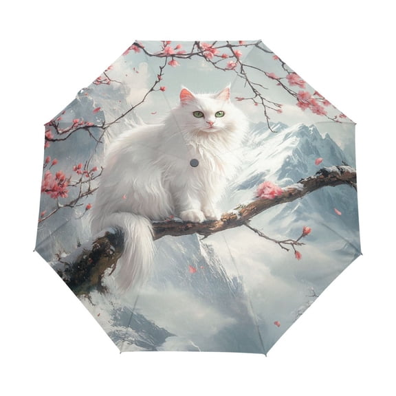 YAZAOO One-Touch Auto Open Close Rain Umbrella With Creative White Cat on Cherry Blossom Pattern