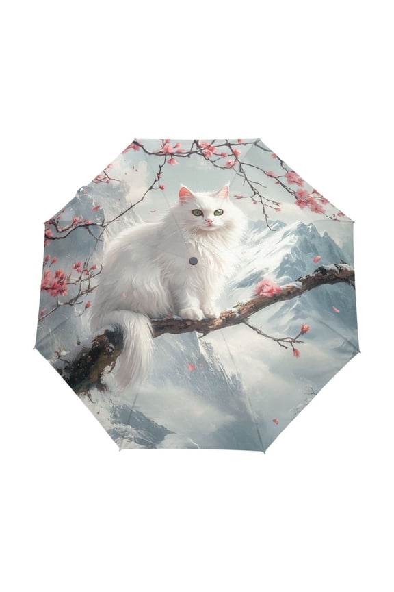One-Touch Auto Open Close Rain Umbrella With Creative White Cat on Cherry Blossom Pattern
