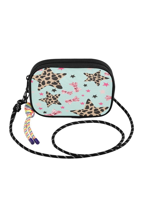 YAZAOO Pink Bow Leopard Print Five-pointed Star Pattern Print Mini Crossbody Phone Bag Adjustable Rope Strap Small Shoulder Purseone size