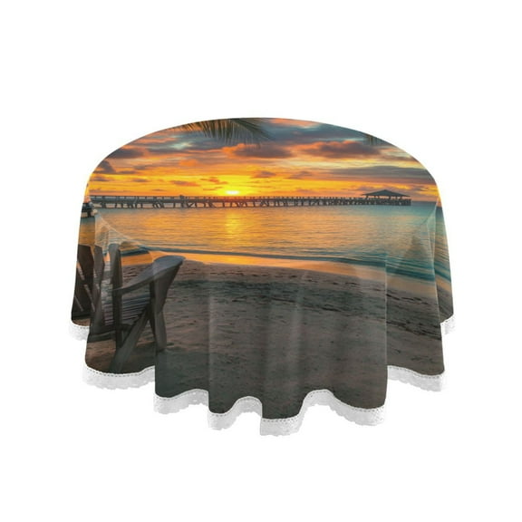 YAZAOO Round Tablecloth Beach Sunset with Trees Pattern Tableclothes