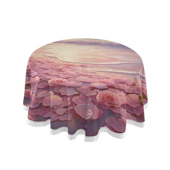 YAZAOO Round Tablecloth Beach with Pink Rose Petals Pattern Tableclothes