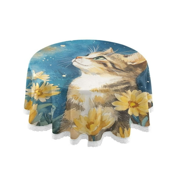 YAZAOO Round Tablecloth Cat Gazing at Starry Sky Pattern Tableclothes