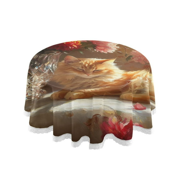 YAZAOO Round Tablecloth Cat Resting Near Flowers Pattern Tableclothes