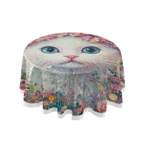 YAZAOO Round Tablecloth Cat Surrounded by Pink Roses Pattern Tableclothes