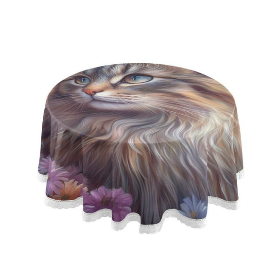 YAZAOO Round Tablecloth Cat in Flower Field Pattern Tableclothes