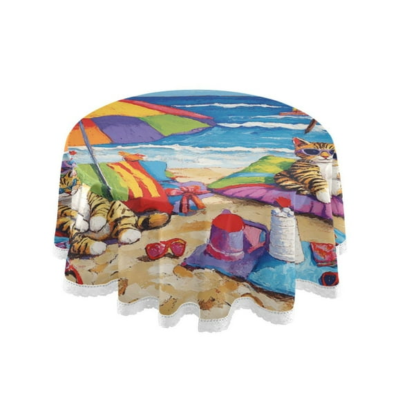 YAZAOO Round Tablecloth Cats Reposeoning The Beach Pattern Tableclothes