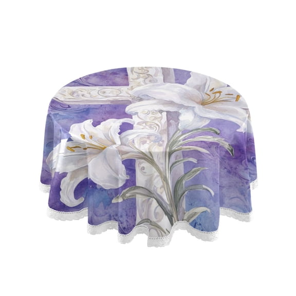 YAZAOO Round Tablecloth Easter Cross Printing Pattern Tableclothes