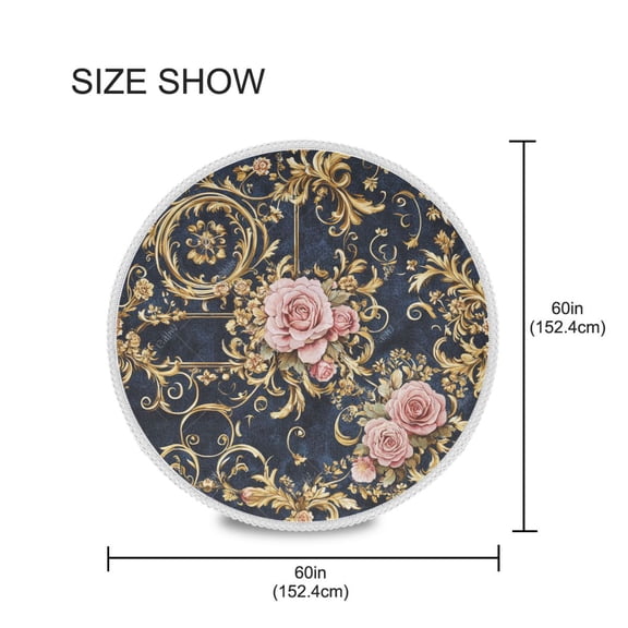 YAZAOO Round Tablecloth Floral Pink Roses Gold Filigree Pattern Tableclothes