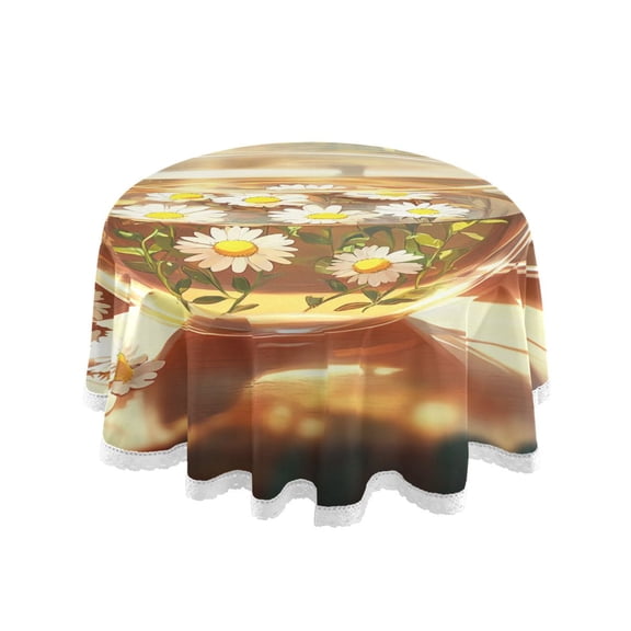YAZAOO Round Tablecloth Glass Cup with Chamomile Flowers Pattern Tableclothes
