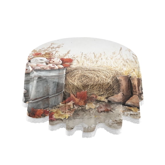 YAZAOO Round Tablecloth Goats Eggs Autumn Leaves Barn Pattern Tableclothes