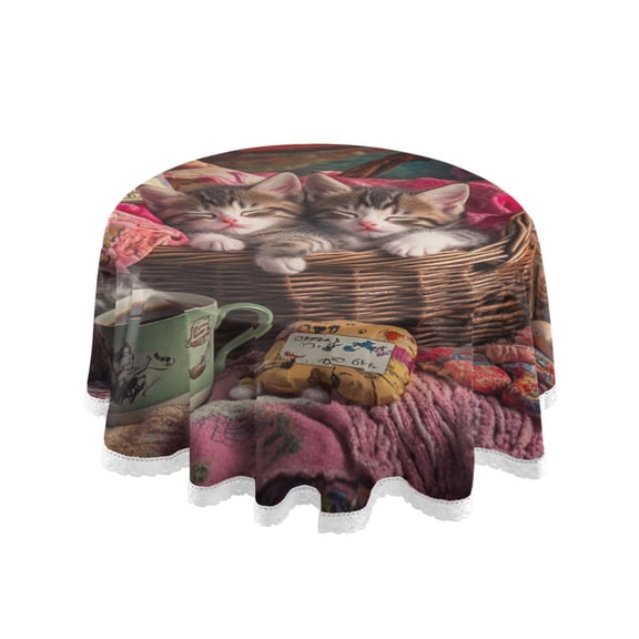 YAZAOO Round Tablecloth Kittens in A Cozy Basket Pattern Tableclothes