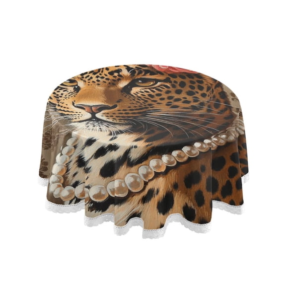 YAZAOO Round Tablecloth Leopard with Flowers and Pearls Pattern Tableclothes