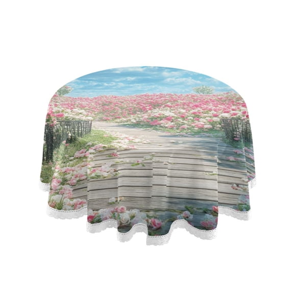 YAZAOO Round Tablecloth Pink Blooming Rose Pattern Tableclothes