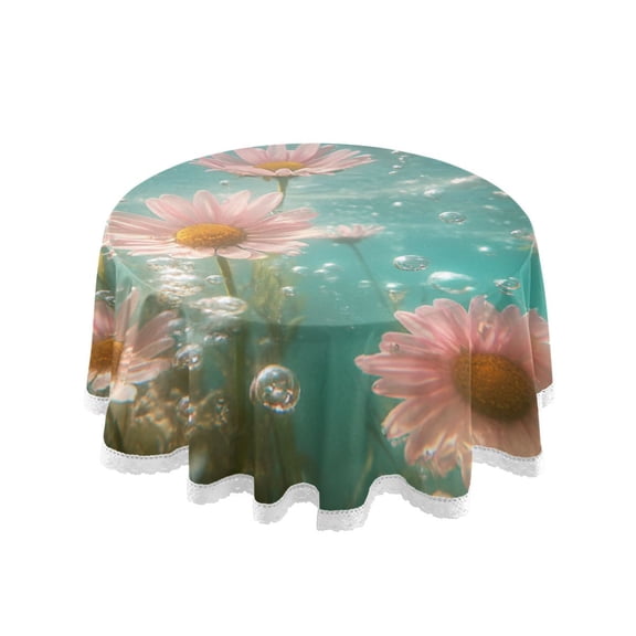 YAZAOO Round Tablecloth Pink Flowers and Bubbles Pattern Tableclothes