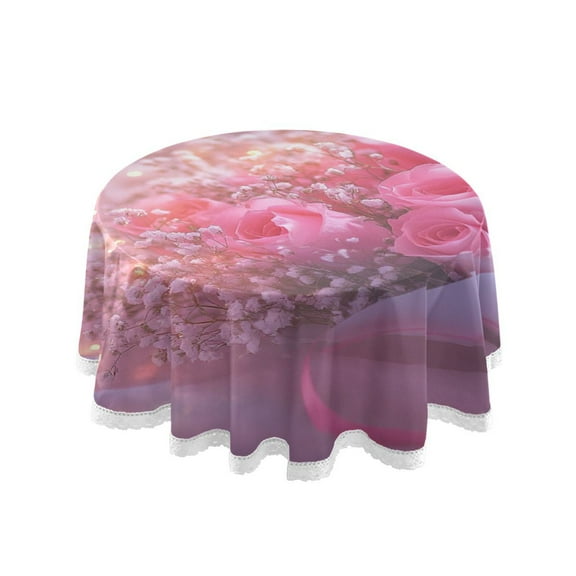 YAZAOO Round Tablecloth Pink Roses Bouquet with Lights Pattern Tableclothes