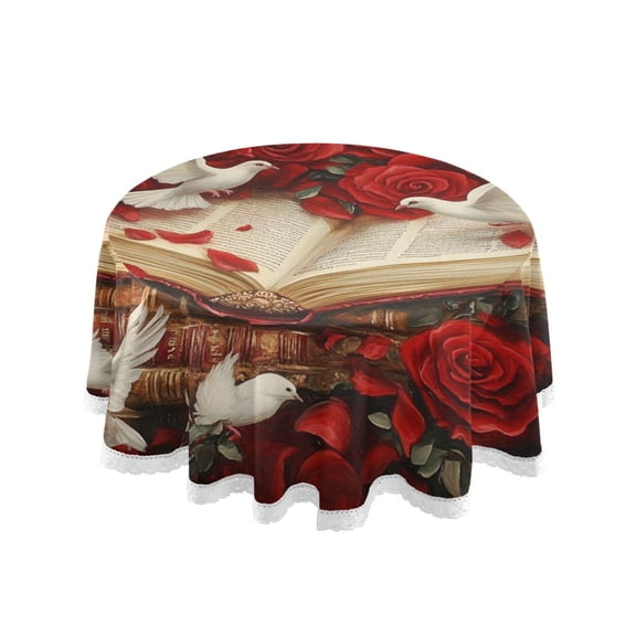 YAZAOO Round Tablecloth Red Roses White Doves Painting Pattern Tableclothes