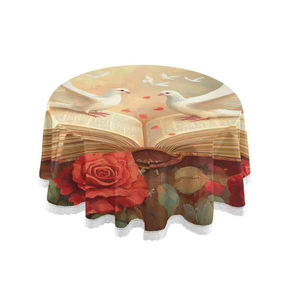 YAZAOO Round Tablecloth Red Roses White Doves Pattern Tableclothes