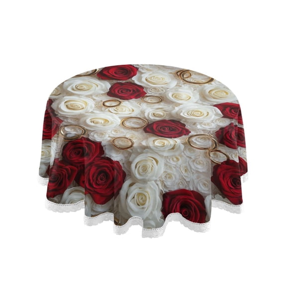 YAZAOO Round Tablecloth Red and White Roses Rings Pattern Tableclothes
