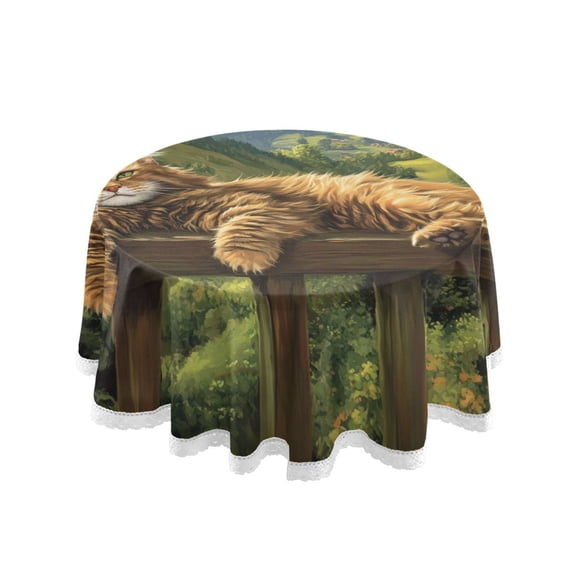 YAZAOO Round Tablecloth Side-lying Cat Pattern Tableclothes