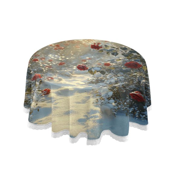 YAZAOO Round Tablecloth Snowy Path with Red Roses Pattern Tableclothes