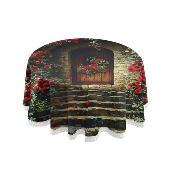 YAZAOO Round Tablecloth Stone House with Roses Pattern Tableclothes