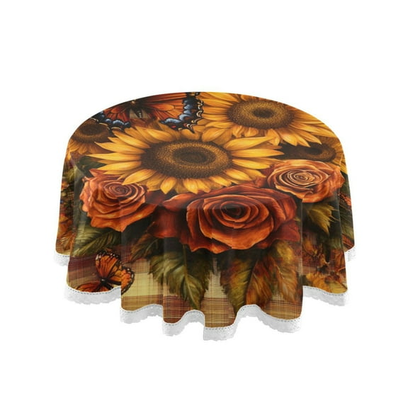 YAZAOO Round Tablecloth Sunflowers Roses and Butterflies Pattern Tableclothes