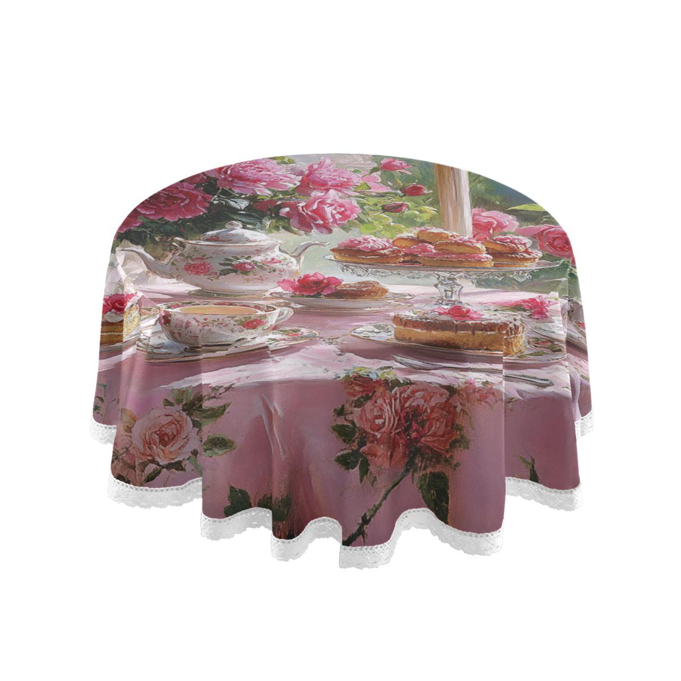 YAZAOO Round Tablecloth Tea Set with Pink Roses Pattern Tableclothes ...