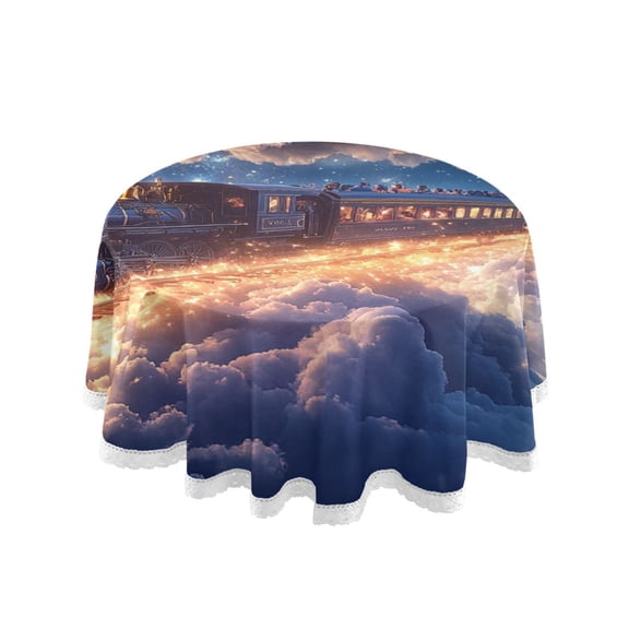 YAZAOO Round Tablecloth Train Riding on Glowing Clouds Pattern Tableclothes