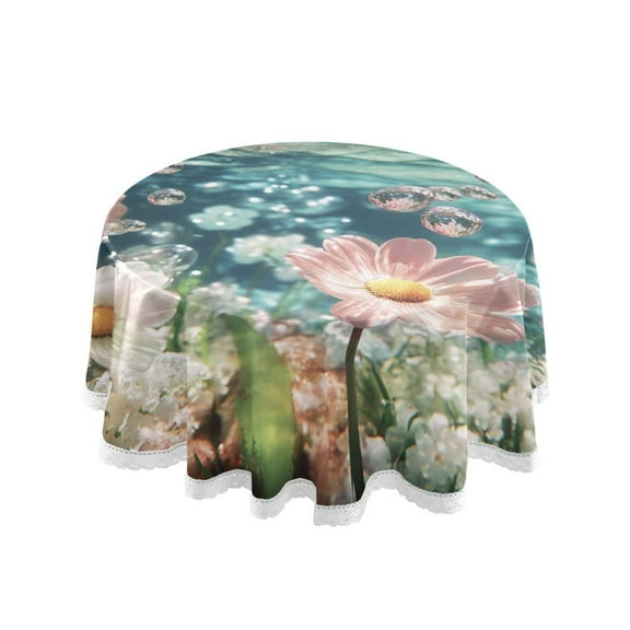 YAZAOO Round Tablecloth Underwater Pink and White Flowers Pattern Tableclothes