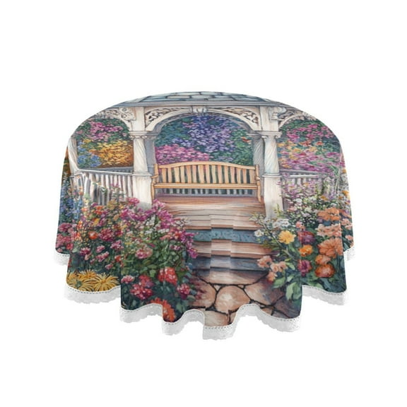YAZAOO Round Tablecloth Victorian Art Gazebo Painting Pattern Tableclothes