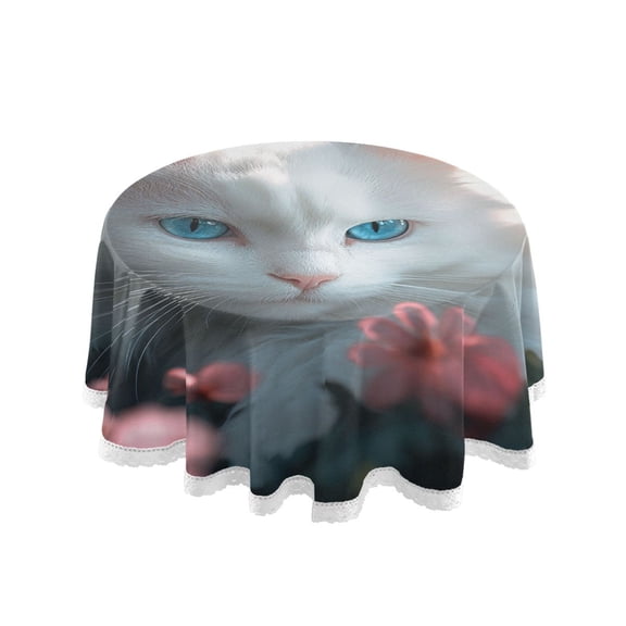 YAZAOO Round Tablecloth White Cat Pattern Tableclothes