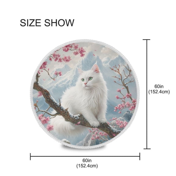 YAZAOO Round Tablecloth White Cat on Cherry Blossom Branch Pattern Tableclothes