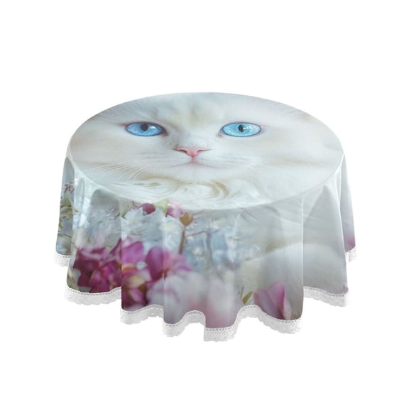 YAZAOO Round Tablecloth White Cat with Blue Eyes Pattern Tableclothes