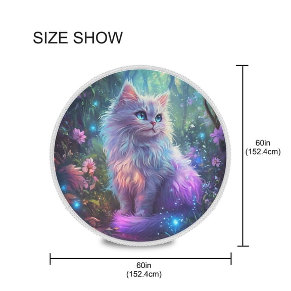 YAZAOO Round Tablecloth White Cat with Flowers Pattern Tableclothes