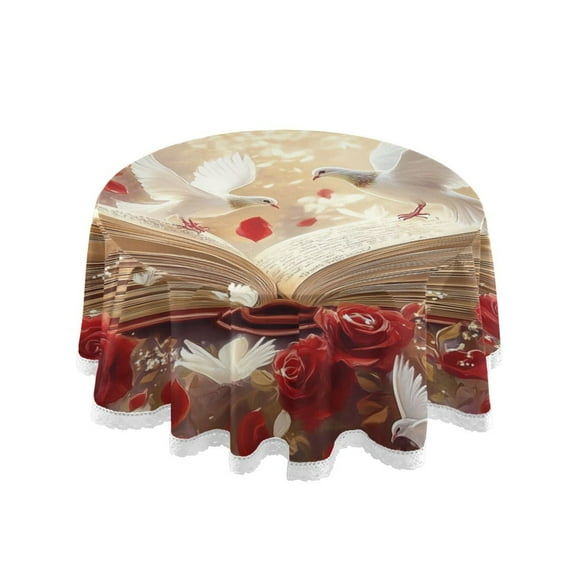 YAZAOO Round Tablecloth White Doves Red Roses Pattern Tableclothes