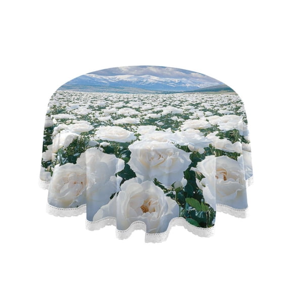 YAZAOO Round Tablecloth White Roses Snowy Mountains Sky Pattern Tableclothes